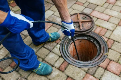 Plumber cleaning an outdoor sewer drain in Evans