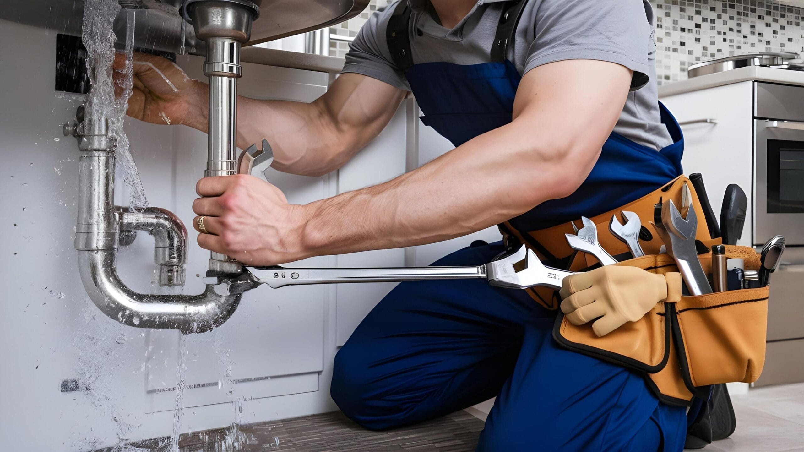 Plumber tightening a residential plumbing pipe in Evans