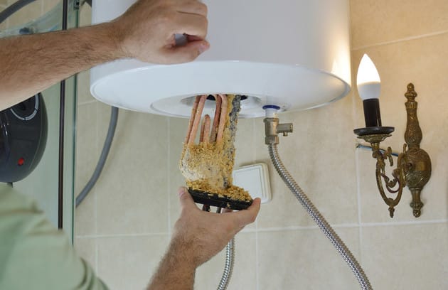 Technician removing mineral buildup from a water heater in Evans