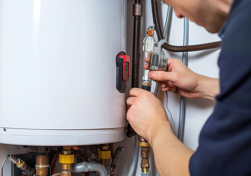 Technician repairing pipes connected to a water heater in Evans